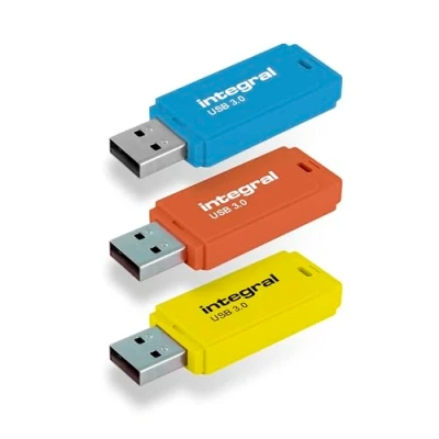 Image of Integral Neon USB 3.0 64GB Flash Drive 3 Pack (Blue/Yellow/Orange)