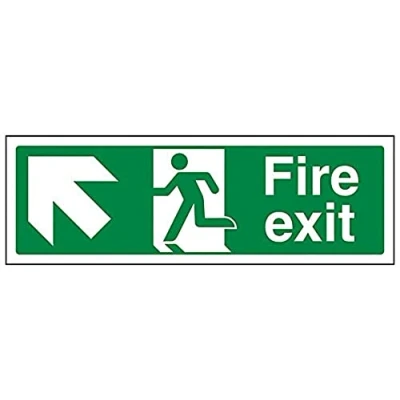 Image of V Safety Fire Exit Arrow Up Left Sign 300mm x 100mm 1mm Rigid Plastic