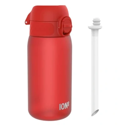 Image of ION8 Kids Water Bottles With Straw, BPA Free, Leakproof, Dishwasher Safe, Small Boys, Girls &amp; Toddler Bottle,Kids Drinks Bottle for School Lunch Box, Red, 350ml/12oz