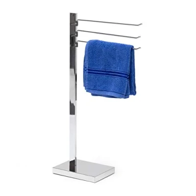 Image of Relaxdays chrome plated towel rack, free standing holder with 3 arms, freely rotating bars, steel bath plastic base plate, silver