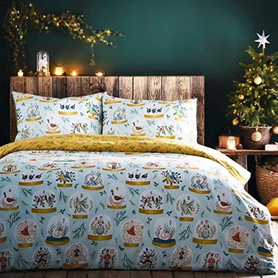 Image of furn. Twelve Days of Christmas Single Duvet Cover Set, Cotton, Polyester, Blue