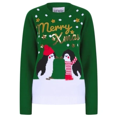 Image of Tokyo Laundry &#039;Merry Christmas&#039; Kissing Penguin Sequinned Novelty Knitted Xmas Jumper