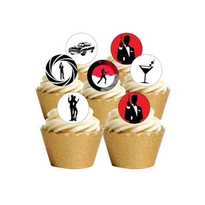 Image of 24 Precut 40mm Round James Bond 007 Silhouette Edible Wafer Paper Cake Toppers