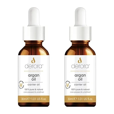 Image of Derora Moroccan Argan Oil Nourishes Skin, Hair &amp; Nails 100% Pure Cold Pressed Unrefined Natural Antioxidant Rich in Omega 6 Vitamin E Vegan Cruelty Free (30ml x2)