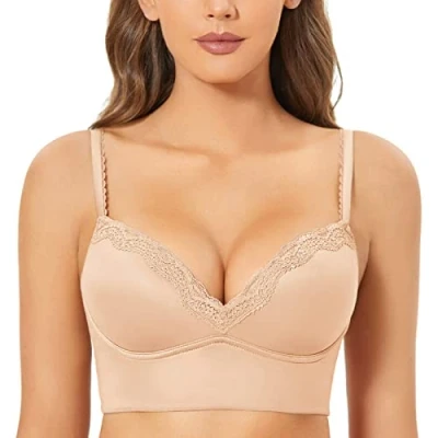 Image of DOBREVA Women&#039;s Push Up Bra Padded Wireless Floral Lace Bralette Longline Support Bras Beige 34B