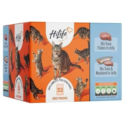 Image of HiLife it&#039;s only Natural Complete Wet Cat Food The Big Tuna One in Jelly 100% Ingredients Grain Free, 32 Pouches x 70g