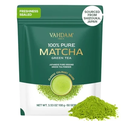 Image of VAHDAM, Matcha Green Tea Powder, 100 g (100 Serving) Authentic Japanese First Harvest Ceremonial Grade from Shizuoka, Japan Resealable Ziplock Pouch Premium