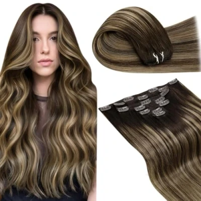 Image of LaaVoo Clip in Hair Extensions Real Human 16 Inch 7pcs 120g Balayage Dark Brown Mix Caramel Blonde Seamless Remy #4/27/4
