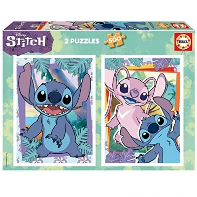 Image of Educa Pack of 2 Puzzles with 500 Piece Each and Stitch&#039;s images, Includes Glue Fix Puzzle, from 11 years old (19732)
