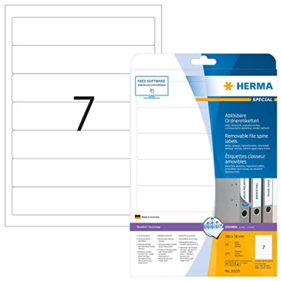 Image of HERMA Self Adhesive Removable Spine Labels, 7 Labels per A4 Sheet, 25 Sheets, 192 x 38 mm, 175 Blank Lever Arch File Folder Stickers, Sticky for Laser &amp; Inkjet Printer, White