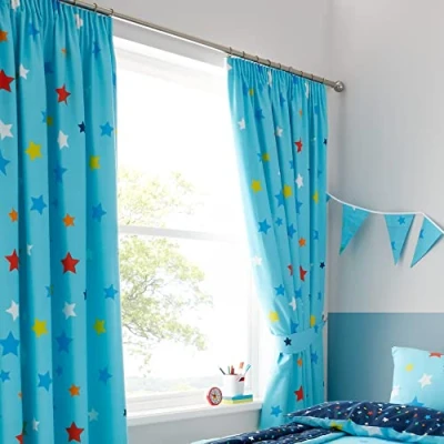 Image of Happy Linen Company Girls Boys Kids Multi Stars Blue 66&quot; x 54&quot; Ring Track Pole Fully Lined Pencil Pleat Curtain Set