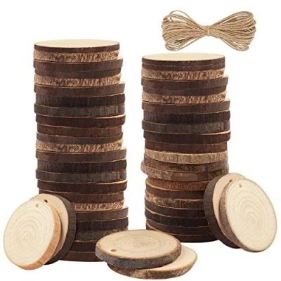Image of Kurtzy 50 Pack Unfinished Natural Wood Slices 3 5cm Diameter &amp; 5mm Thick Predrilled Holes 10m of Jute Twine Small Rustic Wooden Log Discs with Bark Smooth Finish for Crafts Decorations
