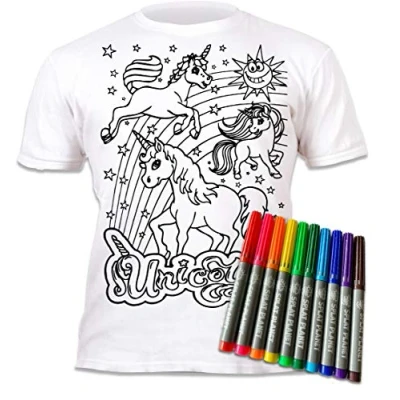 Image of Splat Planet Colour in Unicorn T Shirt with 10 Non Toxic Washable Magic Pens and Wash Out (Age 7 8) White