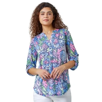 Image of Roman Originals Abstract Print Shoulder Pleat Shirt for Women UK Ladies Everyday Autumn Winter Round Neckline Comfy Soft Evening Vacation Work Party Night Out Pink Blue Green Size 18
