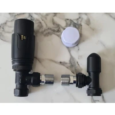 Image of Team Controls Matt Black Angled Towel Rail Thermostatic Radiator Valves TRV &amp; Lockshield Pack Set Pair TC TRVAB, 15mm x 1/2&#039;&#039;