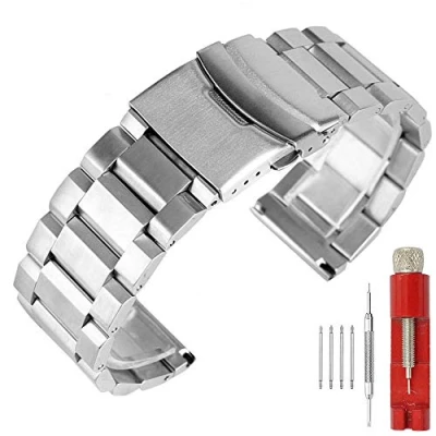Image of Brushed 24mm Watch Band Stainless Steel The Bands Safety Deployment Clasp Replacement Strap Men&#039;s Silver