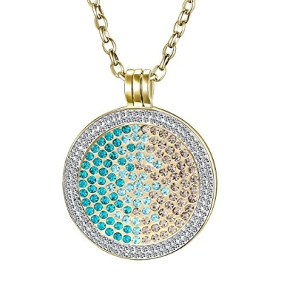 Image of Morella 70cm Ladies Necklace and Zirconia Coin Holder Attachment with 33mm Green Blue Silver in Jewellery Pouch