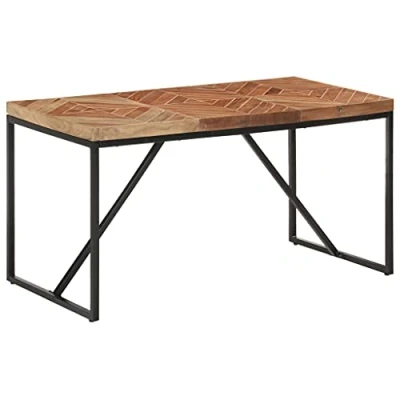 Image of vidaXL Dining Table Solid Acacia and Mango Wood Construction, Black Steel Legs, Chevron Mosaic Design, Rectangular Room Brown