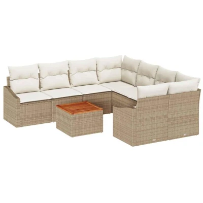 Image of vidaXL 9 Piece Garden Sofa Set with Cushions Beige Poly Rattan Acacia