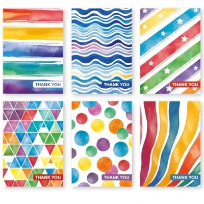 Image of Thank You Cards Multipack of 12. Each Greeting includes 6 Colourful Designs. Blank Inside. Eco friendly Thankyou and Envelopes.