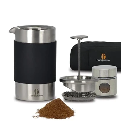 Image of Handpresso Travel Press 0.33 Litre (2 Cups) French Stainless Steel Double Walled Insulated coffee Thermal for Camping with bag and ground tin