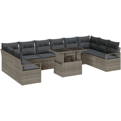 Image of vidaXL 11 Piece Garden Sofa Set with Cushions Grey Poly Rattan