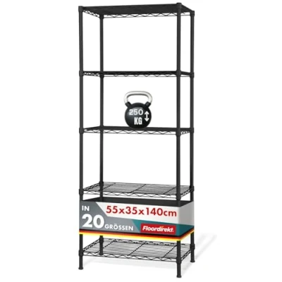 Image of Floordirekt Rocky Lattice Metal Storage Shelf, Shelving System, Boltless Shelves (50 kg per Shelf Load Capacity) Kitchen, Bathroom, Living Room and Office (55 x 35 140 cm, Black)
