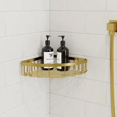 Image of Architeckt Gold Corner Shower Caddy Basket Wall Mounted Easy Drain Bathroom