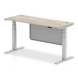 Image of Air 1600x600 Height Adjustable Desk Grey Oak CP Silver Leg Modesty Pnl