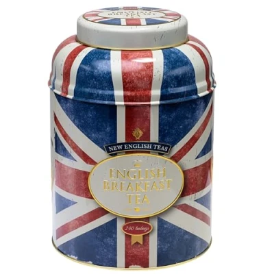 Image of New English Teas Union Jack Large Round Tea Caddy with 240 Breakfast Teabags