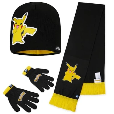 Image of Pokemon Beanie Hat and Gloves or Winter &amp; Scarf Set Kids Anime Gifts for Boys (Black/Yellow 3 Pcs)