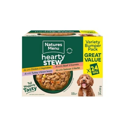 Image of Natures Menu Hearty Stews Chunks in Gravy Wet Food Pouches for Adult Dogs: Jumbo Pack Multiflavour 24 x 100g