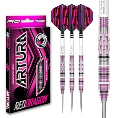 Image of RED DRAGON Artura Shocking Pink 26 Gram Premium Tungsten Darts Set with Flights and Stems