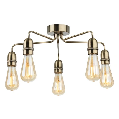 Image of Leon Industrial 5 Light Flush Ceiling Fitting Antique Brass