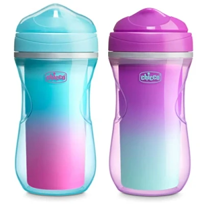 Image of Chicco 9oz. Double Wall Insulated Sippy Cup with Bite Proof Rim Spout and Spill Free Lid Top Rack Dishwasher Safe Easy to Hold Ergonomic Indents Pink/Teal/Purple Ombre, 2pk 12+ Months