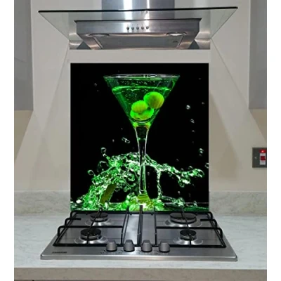 Image of Splashback, Tempered Glass Panel Kitchen, Green Drink on the Black Background, Any Size, Va Art (wide 60 x height 70 /cm)