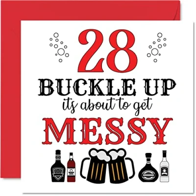 Image of Fun 28th Birthday Cards for Men Woman Buckle Up Happy Card Son Daughter Brother Sister Uncle Auntie Niece Nephew Cousin, 145mm x Greeting Cards, Joke