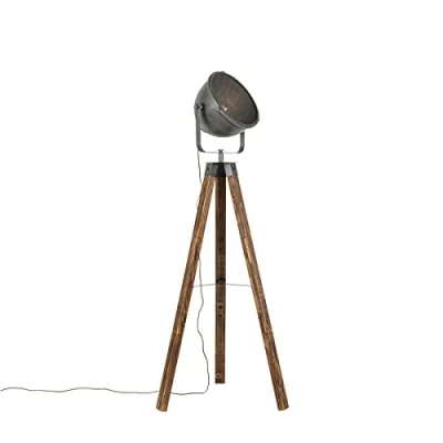 Image of QAZQA Industrial Floor lamp Tripod Steel I Nickel Matt Satin with Wood tiltable Emado Suitable for LED E27 1 Light Living Room Bedroom