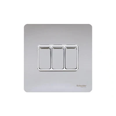 Image of Schneider Electric Ultimate Screwless Flat Plate 3 Gang Toggle 2 Way Light Switch, Single Pole, 16AX, GU1432WPC, Polished Chrome with White Insert