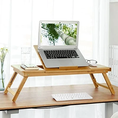 Image of SONGMICS Bamboo Laptop Desk, Foldable Bed Table, for Left hander, Right Height Adjustable Sofa Tray, 72 x (21 29) 35 cm (B H T), with 5 Tilting Angles, Air Holes, Small Drawer LLD004