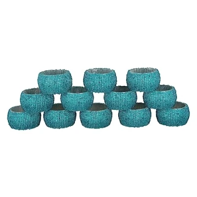 Image of Ajuny Napkin Ring Holder Handcrafted Beaded Round Decorative Rings for Dining Table Decor Wedding Party Dinner Set of 6, Turquoise