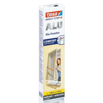 Image of tesa® Insect Stop ALU COMFORT Fly Screen for Windows With Aluminium Frame Net Without Drilling Anthracite, 100 cm x 120