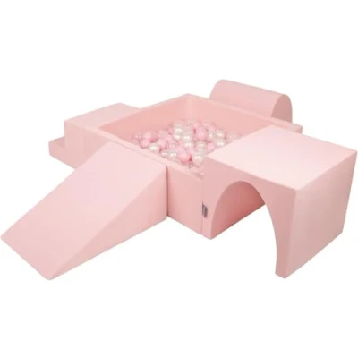 Image of KiddyMoon Foam Playground For Kids With Square Ballpit (200 Balls ∅ 7Cm/2.75In) Soft Obstacles Course And Ball Pool Made In EU, Pink:Powder Pink/Pearl/Transparent
