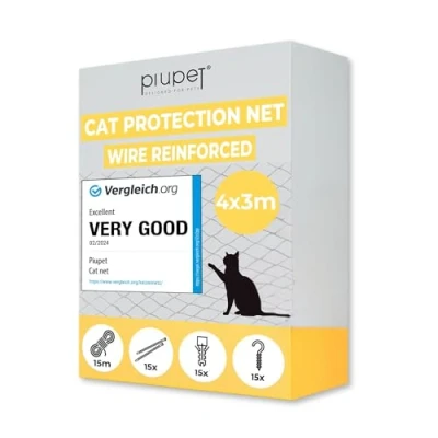 Image of PiuPet® Cat Net Reinforced Wire, 4 x 3 m, Green, Mounting Set Included, for Balcony, Window, Grid Window Protection