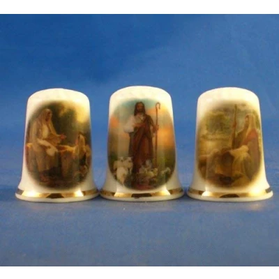Image of Porcelain China Collectable Thimbles Set of Three Jesus Religious