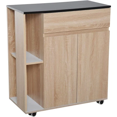 Image of HOMCOM Kitchen Storage Trolley Cart Cupboard Rolling Island Shelves Cabinet With Door and Drawer Locking Wheels