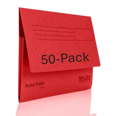 Image of Railex Pocket Folder Foolscap Document Wallets Ruby Folders for Paperwork A4 and A4+, Recycled Board File Wallet, Premium Filing Office Home Pack of 50