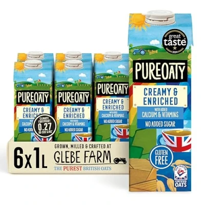 Image of Glebe Farm PureOaty Creamy &amp; Enriched Oat Milk/Barista Milk/Gluten Free Milk Vegan Coffee Creamer High Protein Plant with Calcium Vitamin B12 Non Dairy (1 Litre/6Pack)