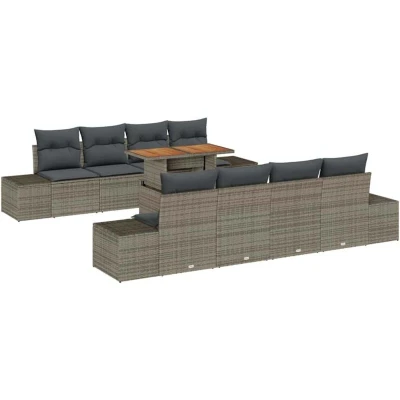 Image of vidaXL 9 Piece Garden Dining Set with Cushions Grey Poly Rattan Acacia