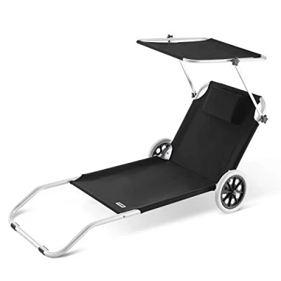 Image of CASARIA Crete Beach Sunlounger Foldable UV Resistant With 2 Wheels Converts To Trolley Headrest Sun Shade Canopy Garden Patio Lounger Folding 115kg Load Capacity Aluminium Frame Black